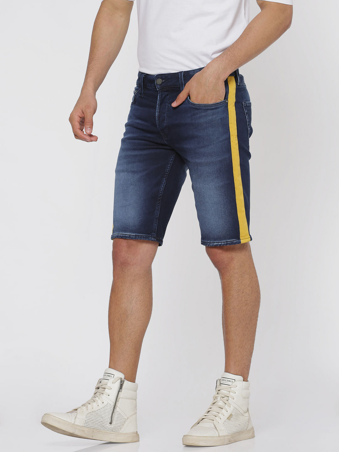 Blue Side Tape Detail Slim Fit Denim Shorts