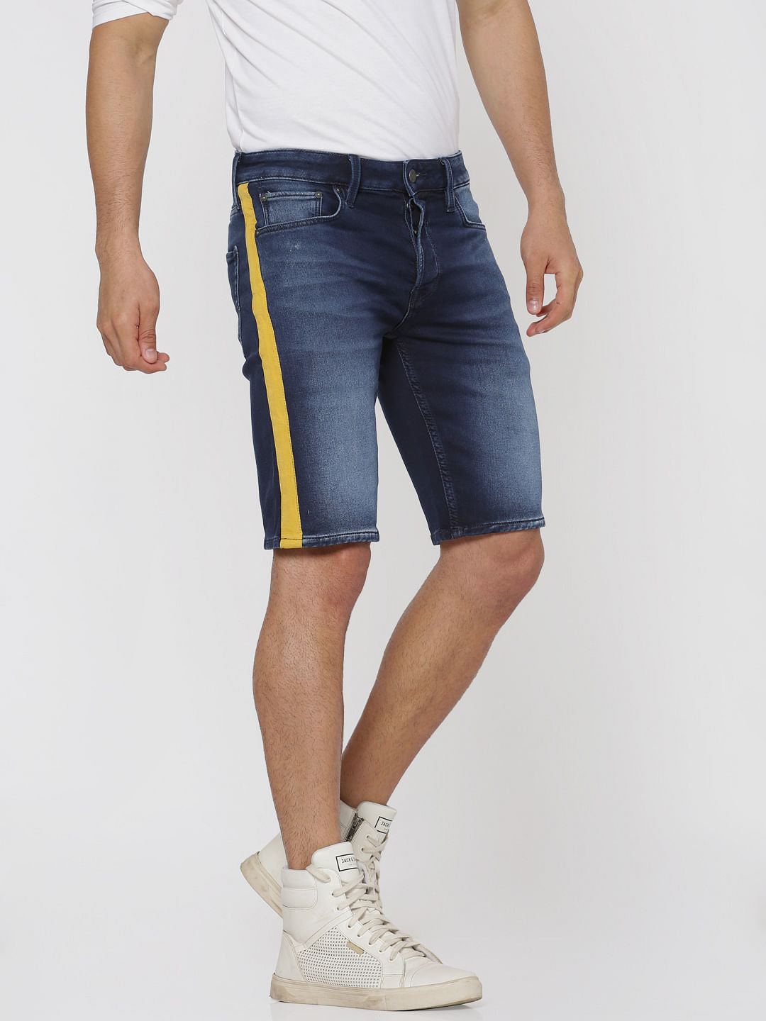 Blue Side Tape Detail Slim Fit Denim Shorts