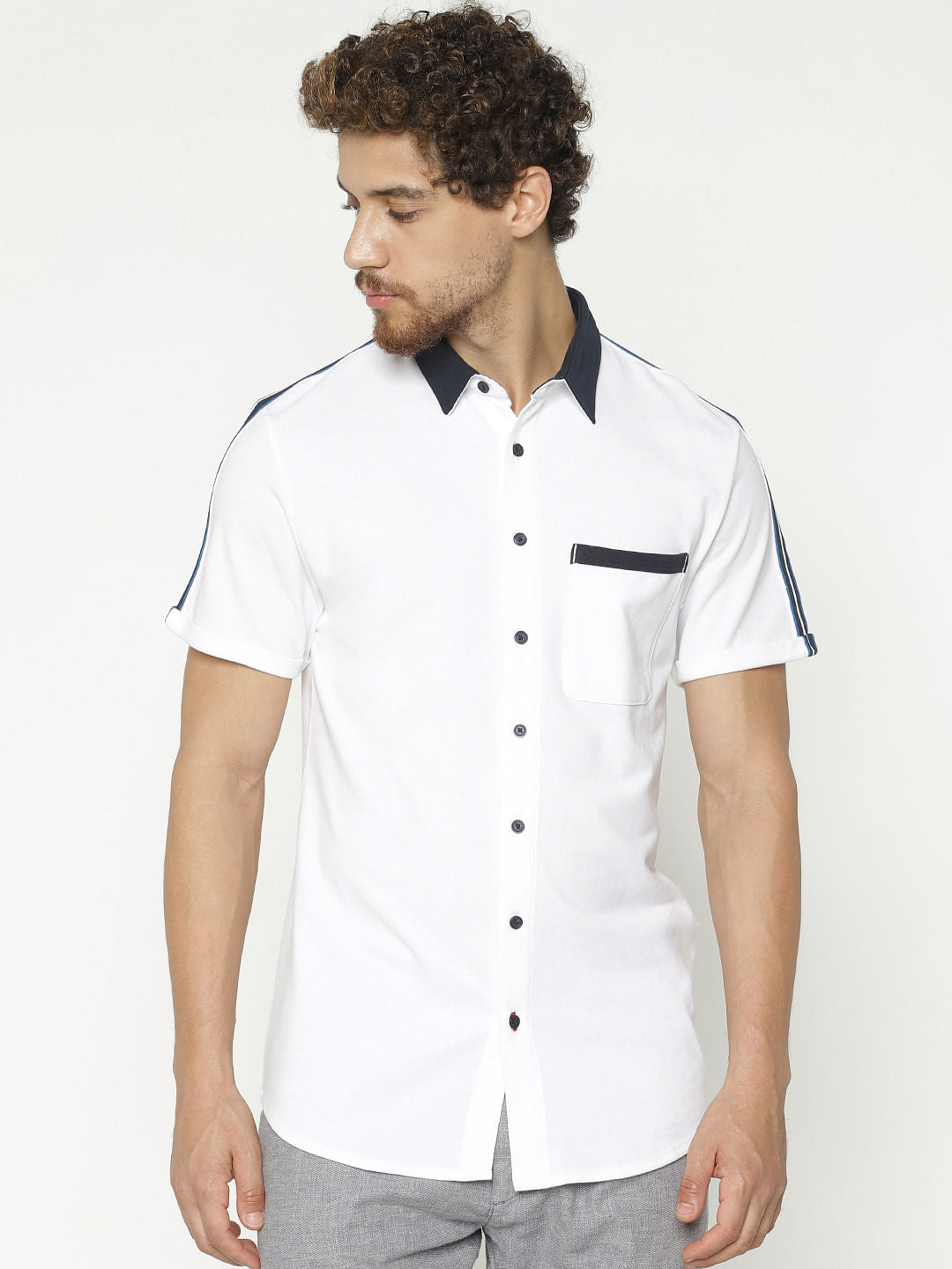 White Tape Detail Short Sleeves Shirt