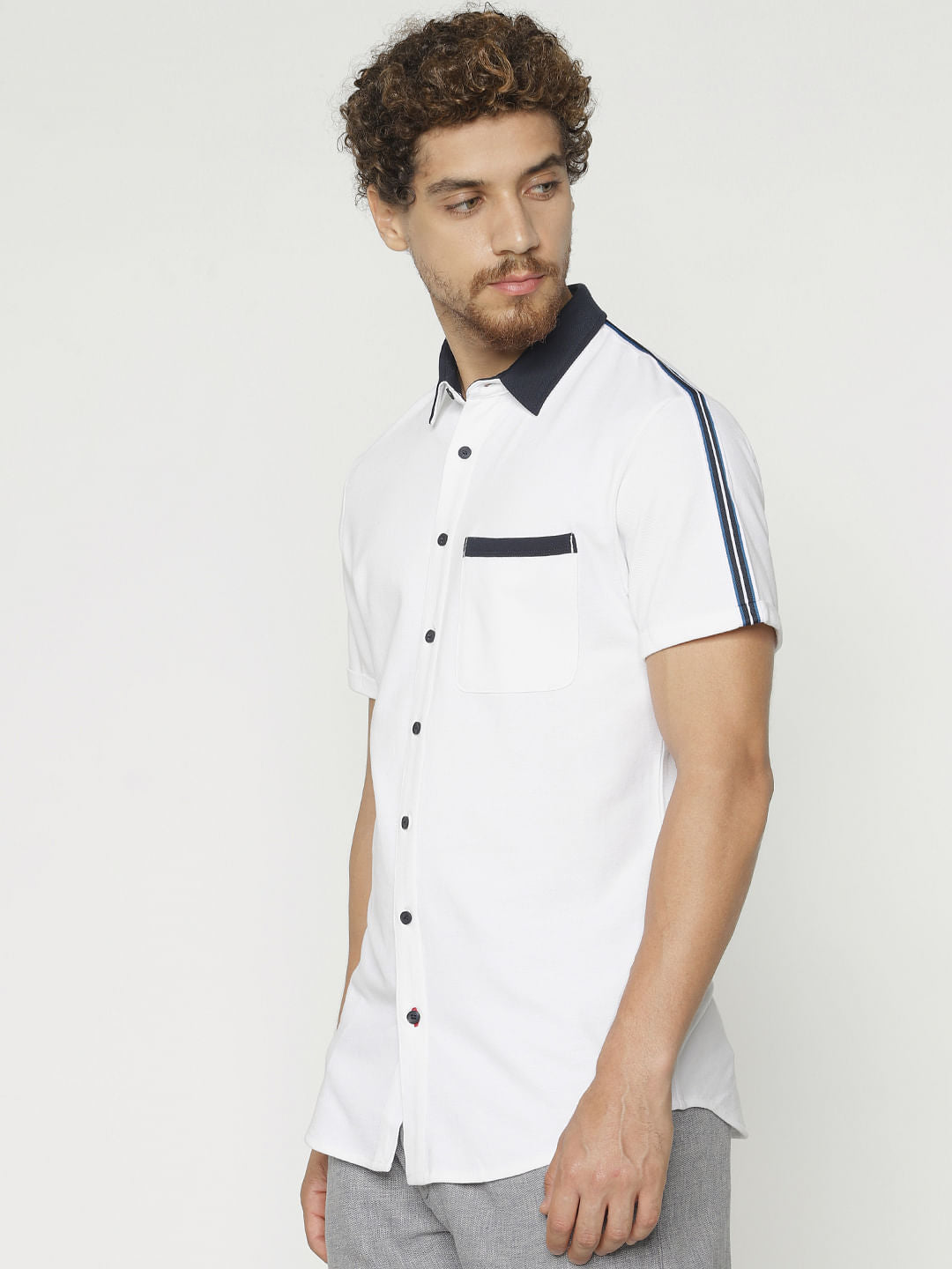 White Tape Detail Short Sleeves Shirt