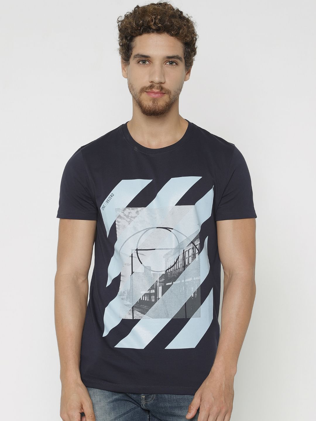 Blue Printed Crew Neck T-Shirt