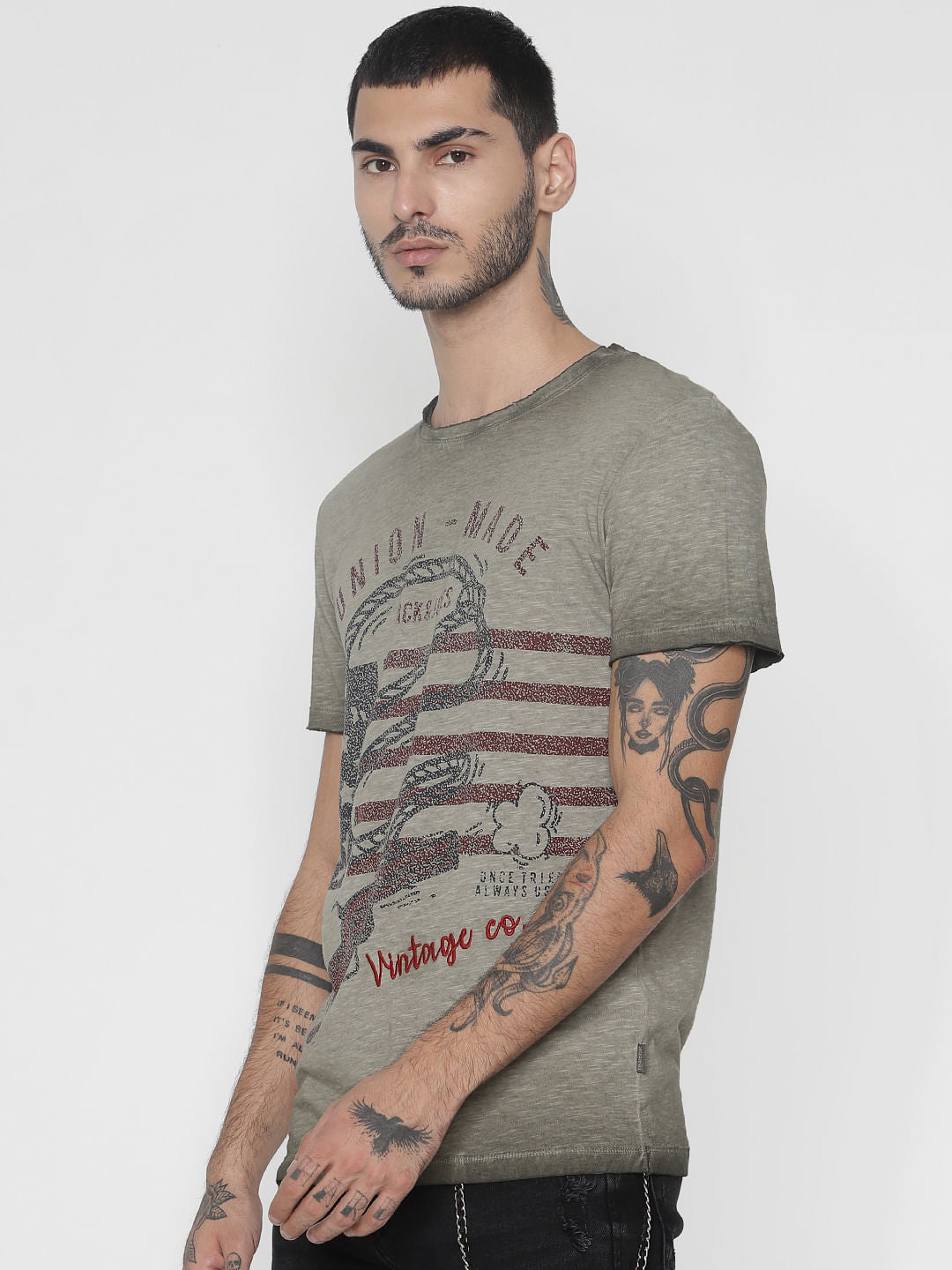 Green Faded Graphic Print Crew Neck T-Shirt