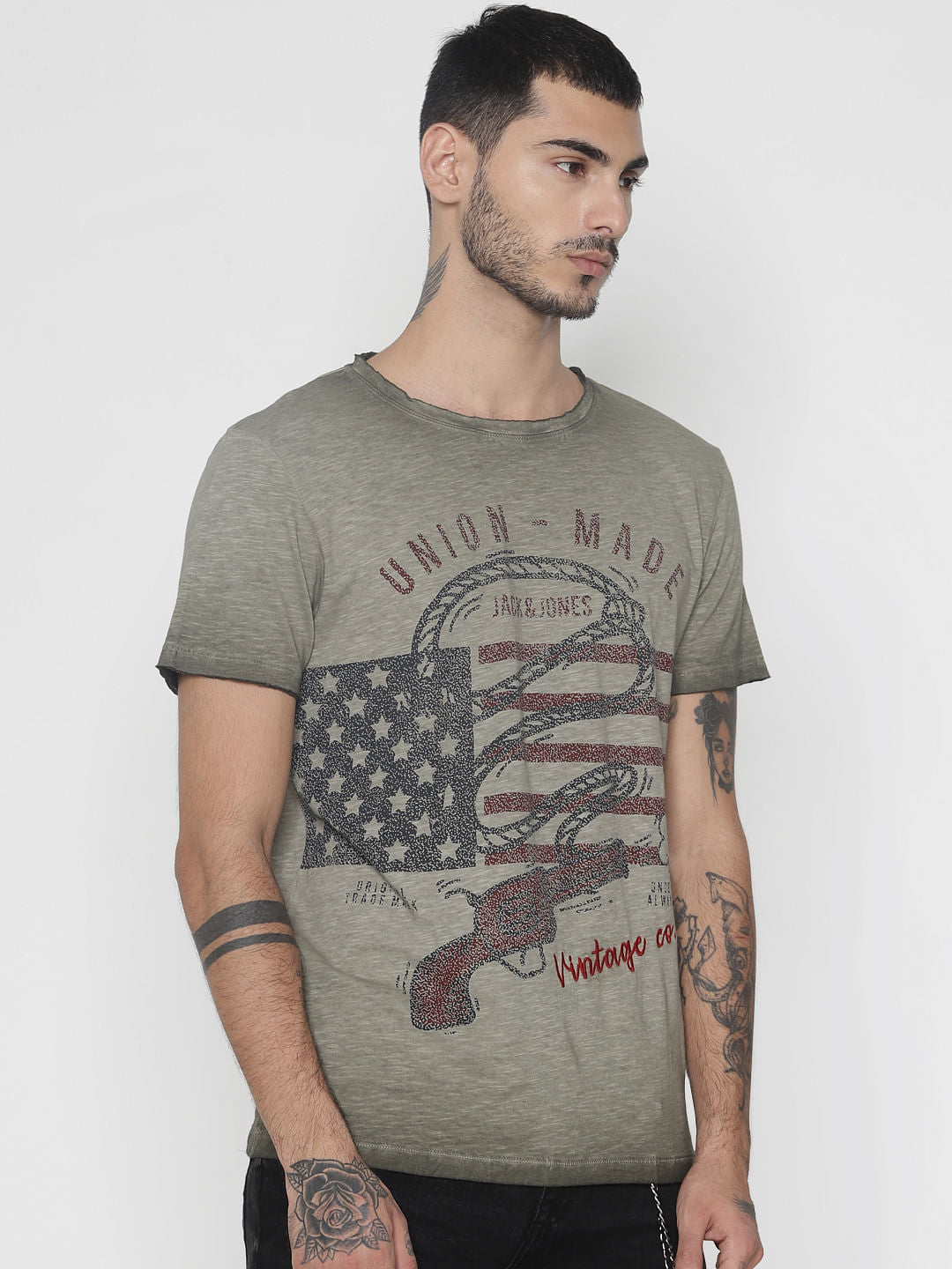 Green Faded Graphic Print Crew Neck T-Shirt