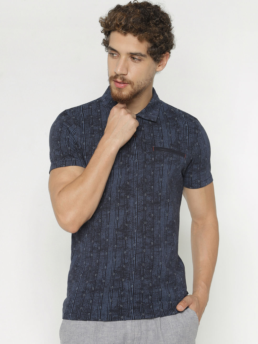 Blue Printed Polo Neck T-Shirt