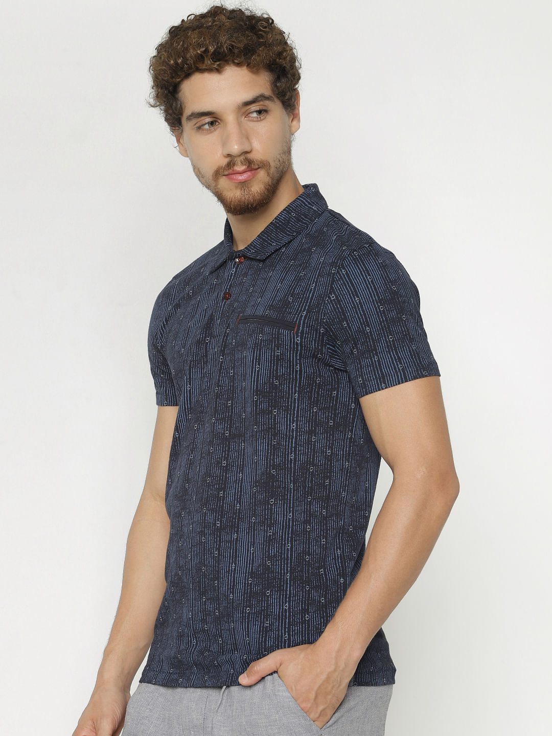 Blue Printed Polo Neck T-Shirt