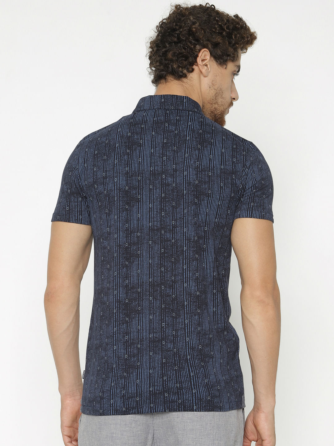 Blue Printed Polo Neck T-Shirt
