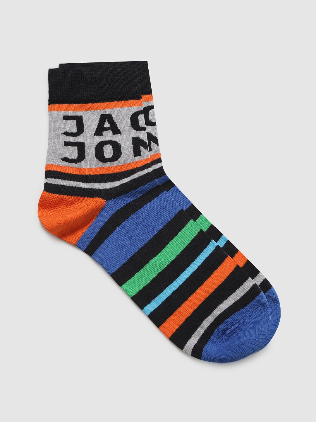 Black Multicoloured Striped Mid Calf Length Pack Of Three Socks