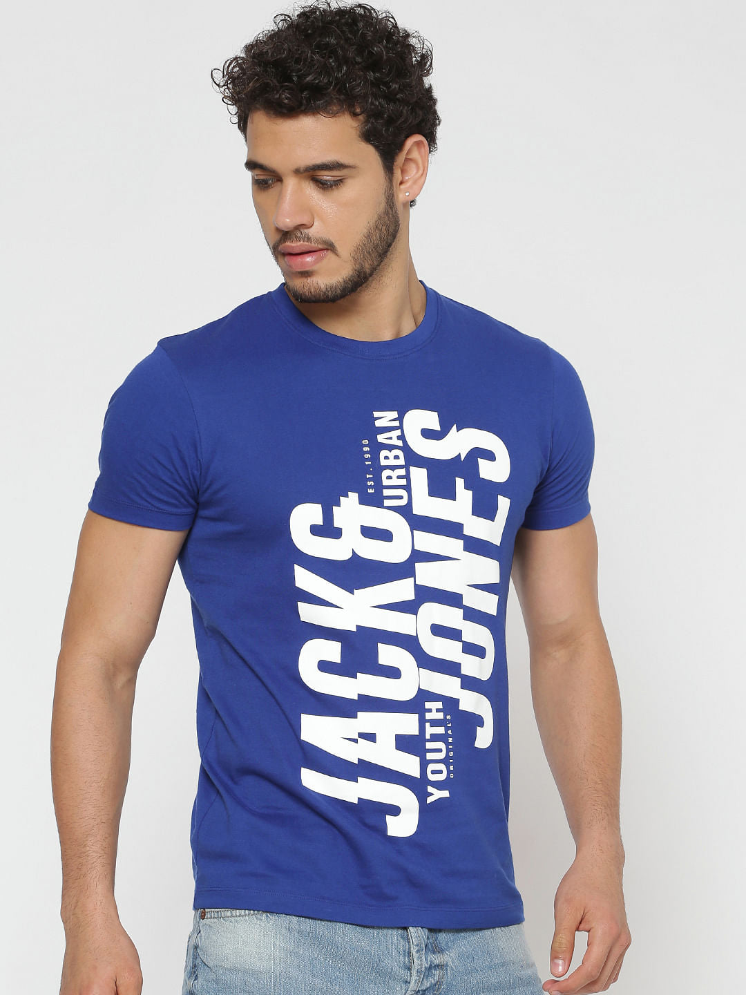Blue Text Print Crew Neck T-Shirt