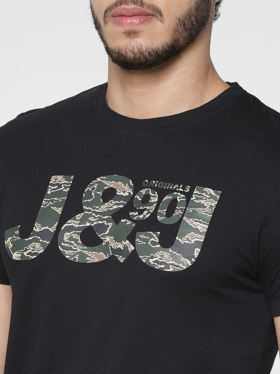 Black Camo Print Crew Neck T-Shirt