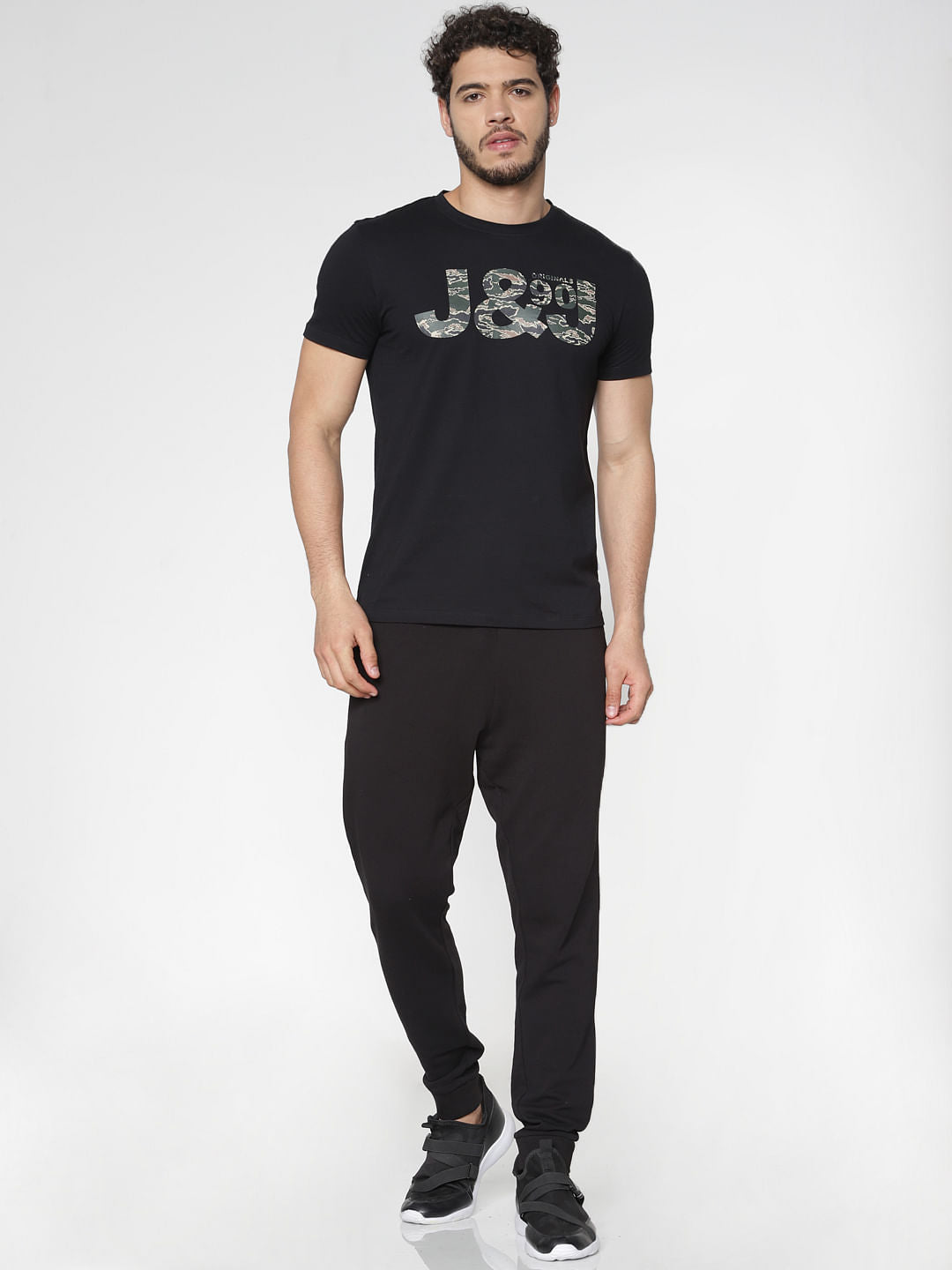 Black Camo Print Crew Neck T-Shirt