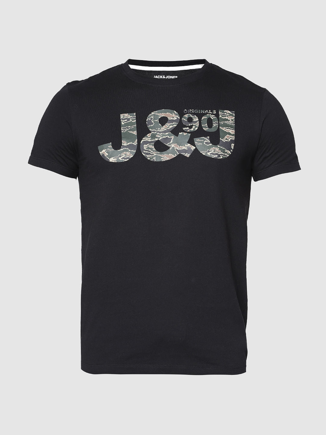 Black Camo Print Crew Neck T-Shirt