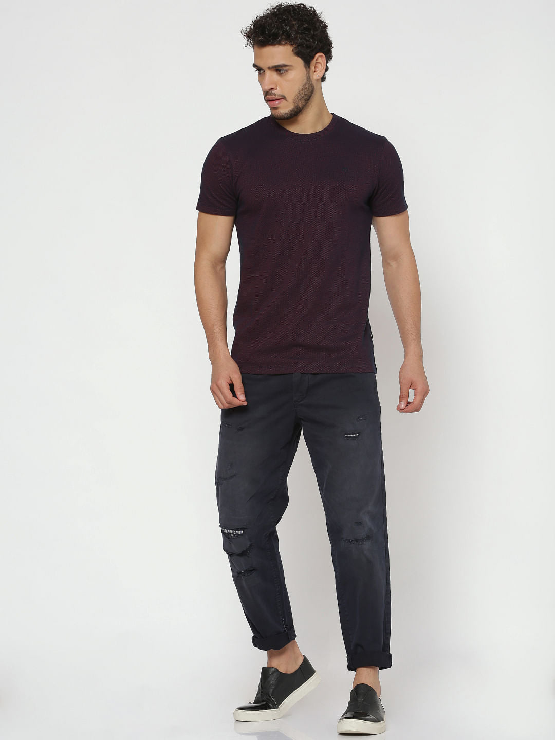 Burgundy Textured Crew Neck T-Shirt