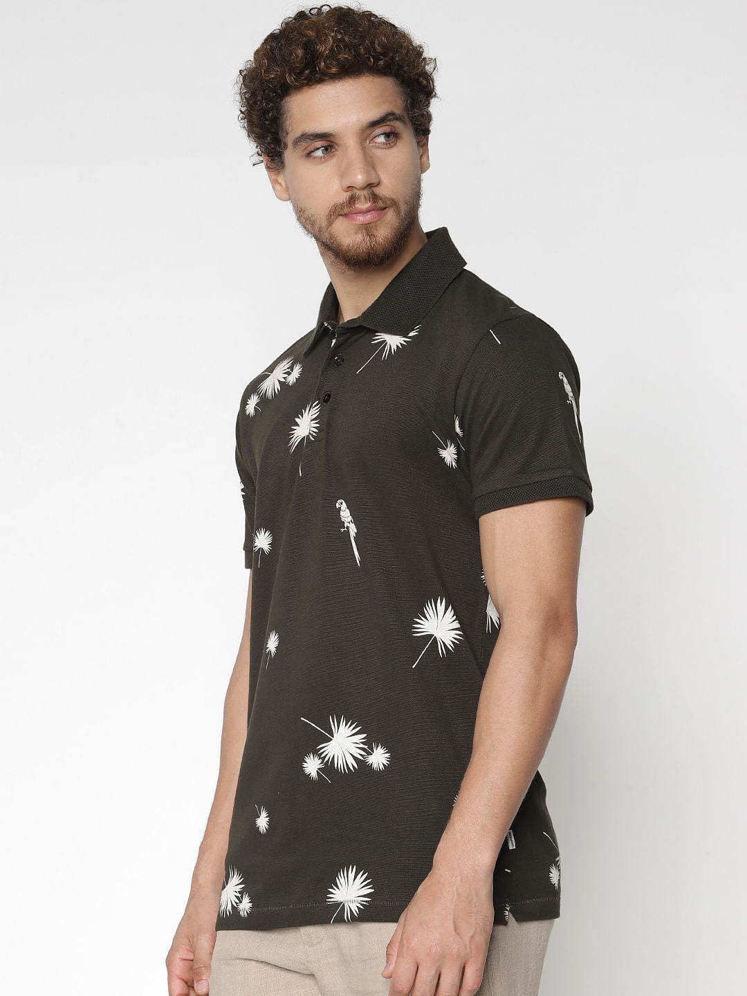 Dark Green Printed Polo Neck T-Shirt