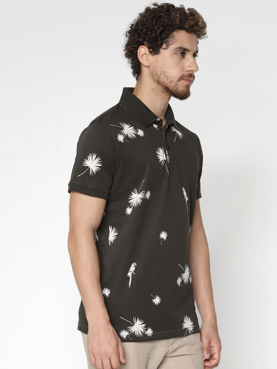 Dark Green Printed Polo Neck T-Shirt