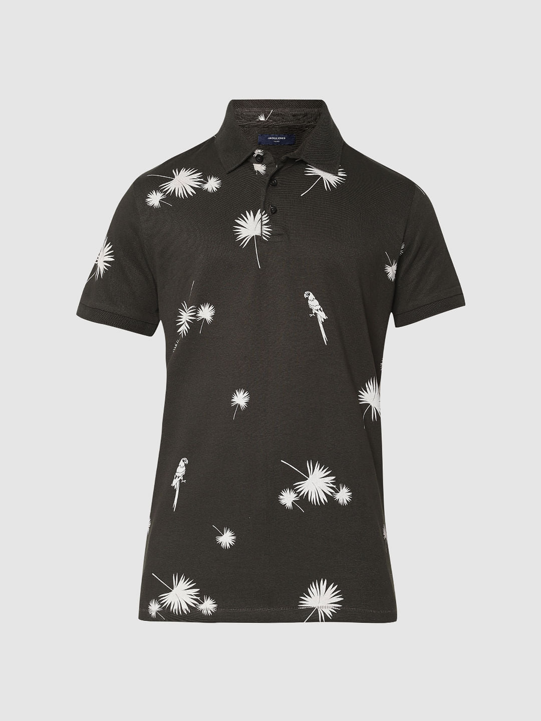 Dark Green Printed Polo Neck T-Shirt