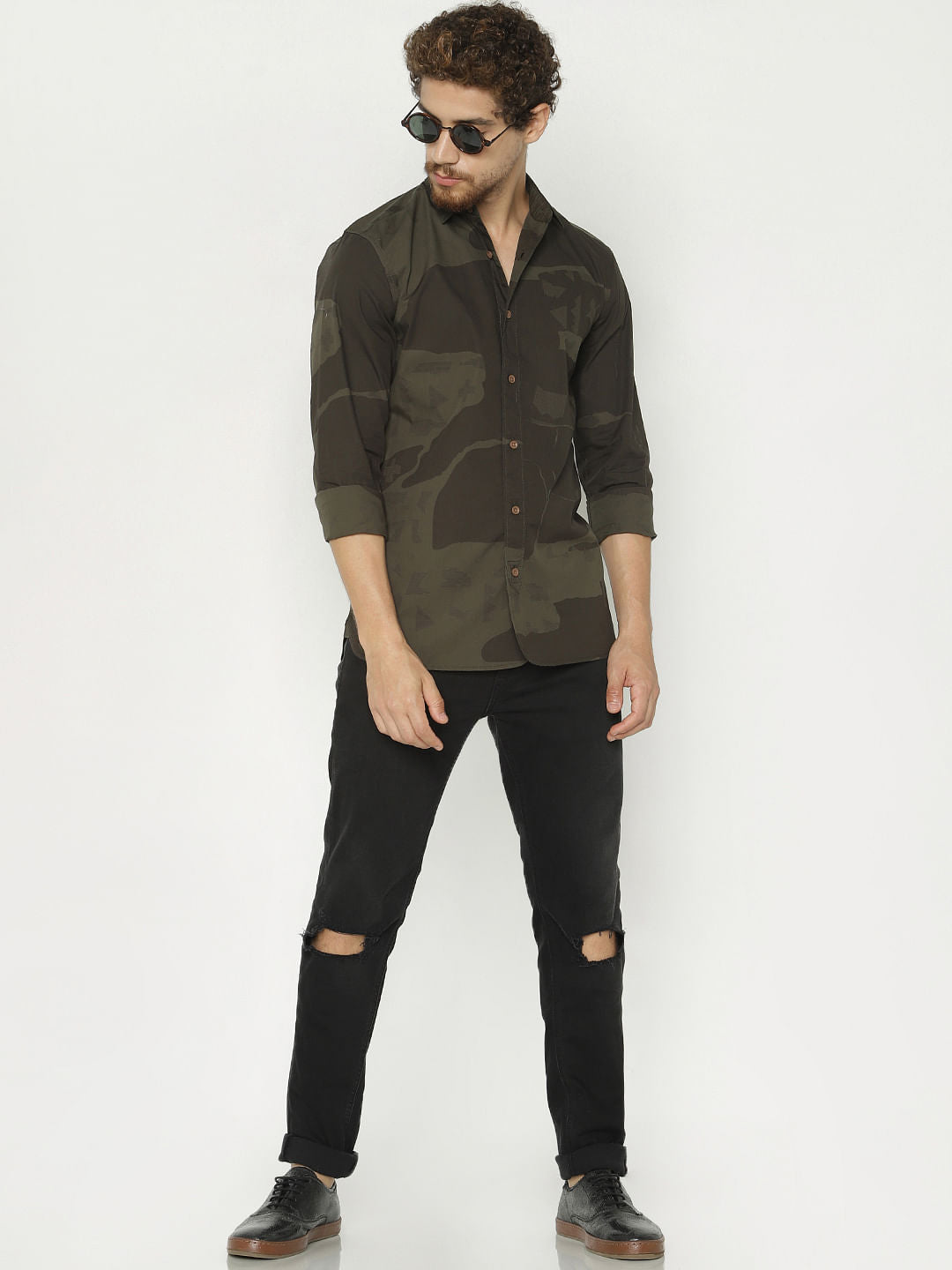 Green Camo Print Full Sleeves Shirt