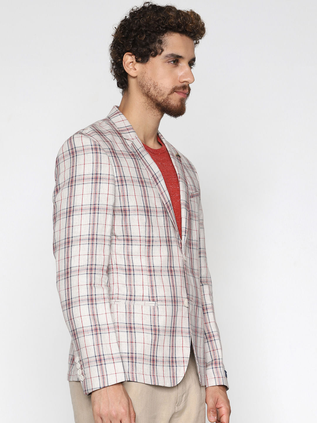 Beige Check Linen Blazer