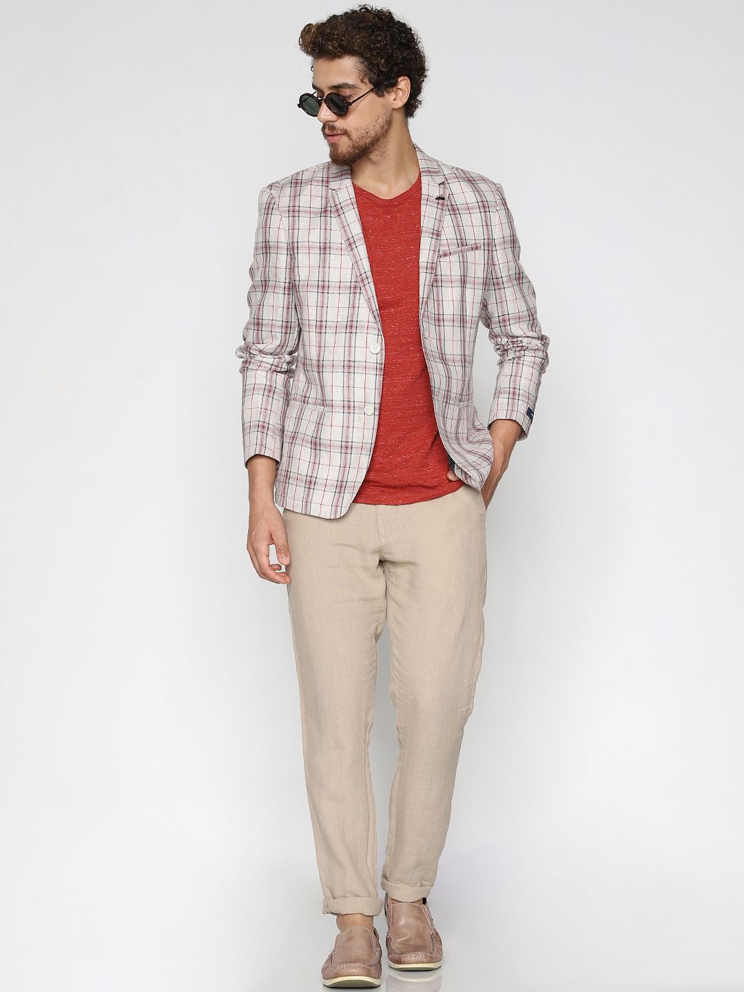 Beige Check Linen Blazer