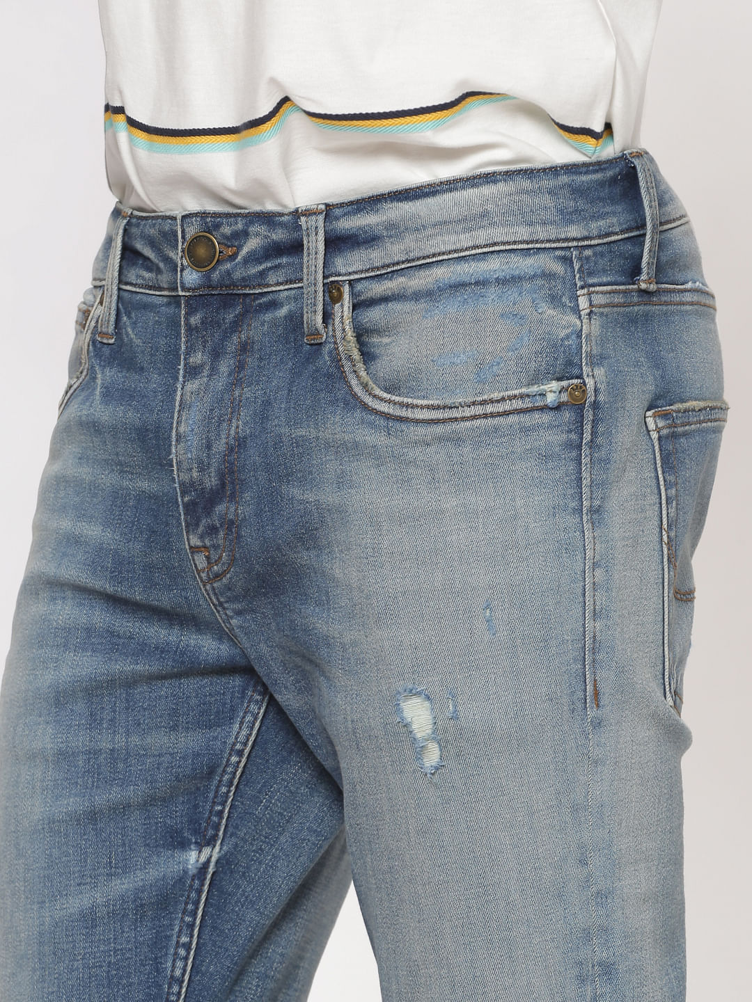 Light Blue Faded Distressed Liam Slim Fit Jeans