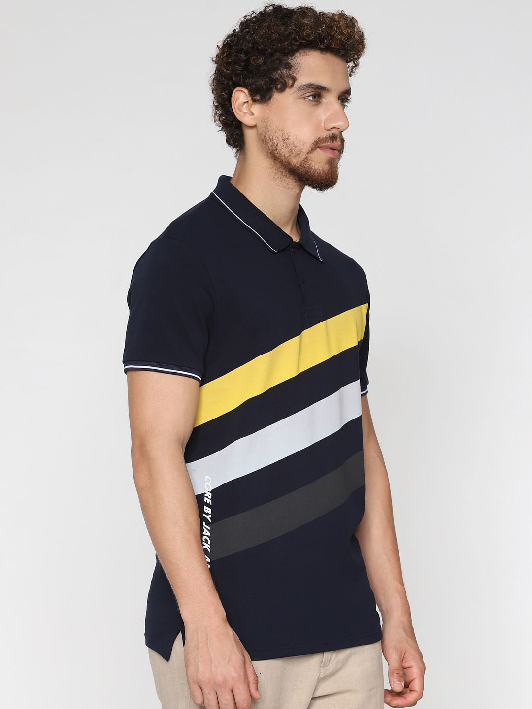 Navy Blue Printed Polo Neck T-Shirt