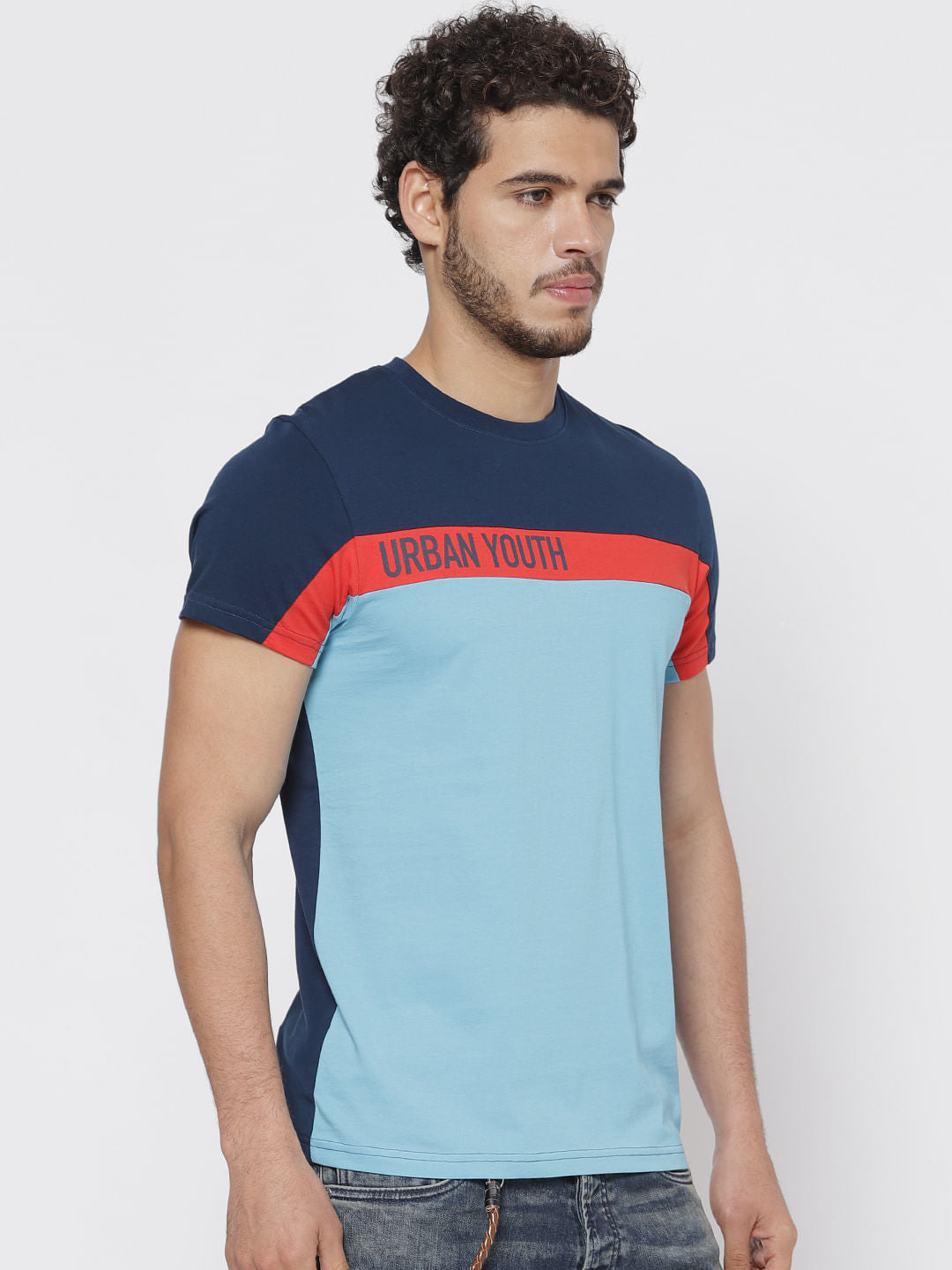 Blue Colour Blocked Crew Neck T-Shirt