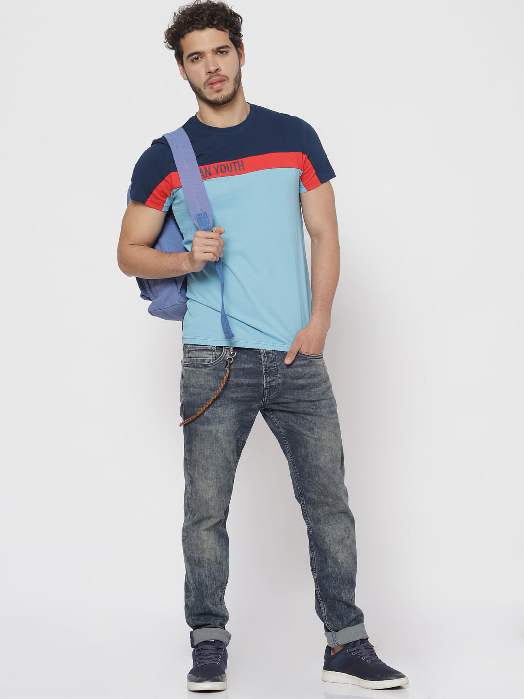 Blue Colour Blocked Crew Neck T-Shirt