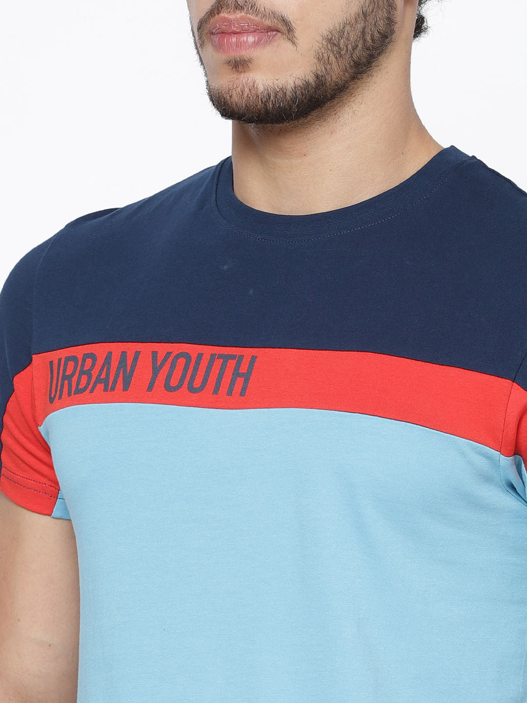 Blue Colour Blocked Crew Neck T-Shirt