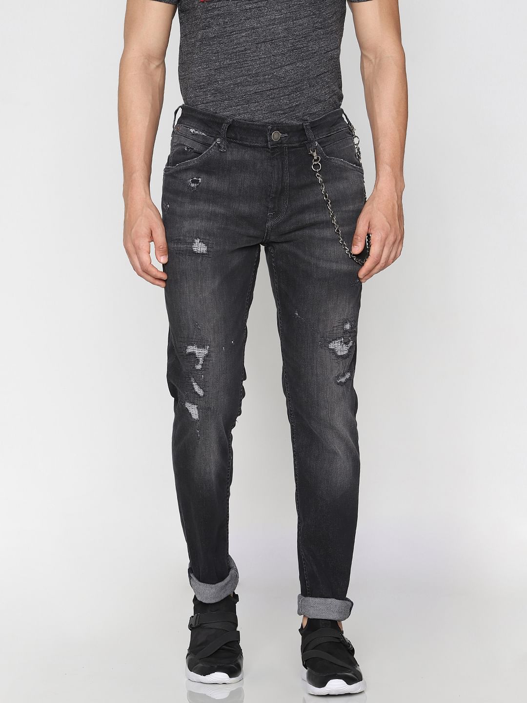Dark Grey Low Rise Distressed Skinny Jeans