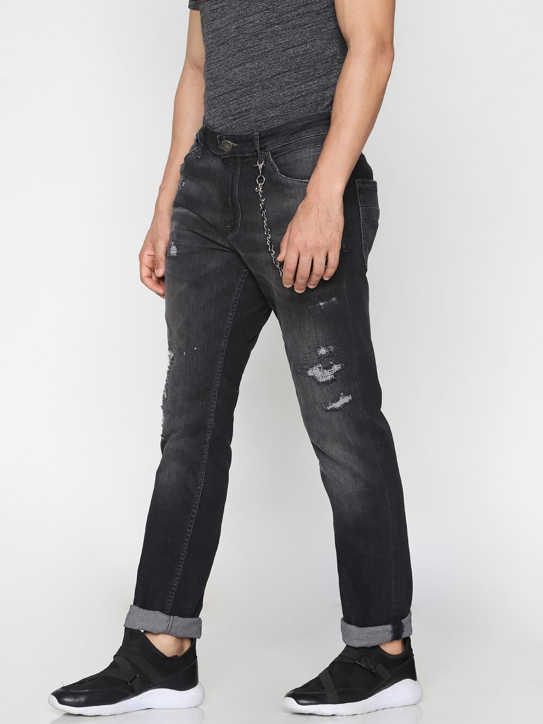 Dark Grey Low Rise Distressed Skinny Jeans