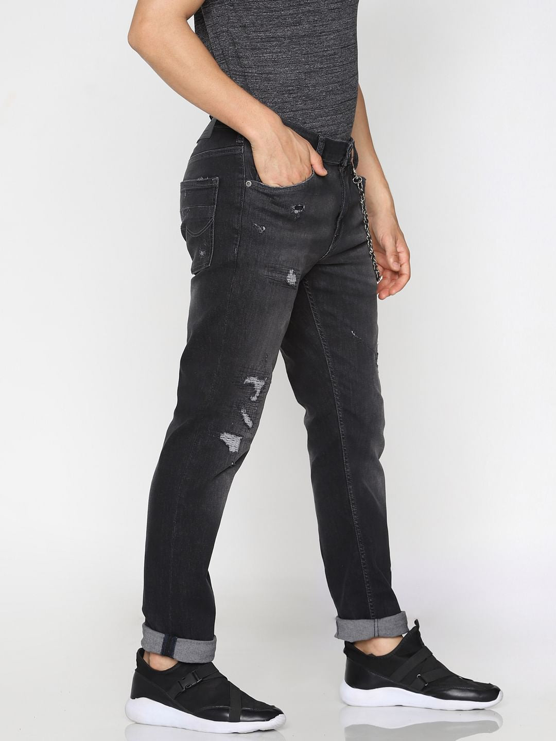 Dark Grey Low Rise Distressed Skinny Jeans