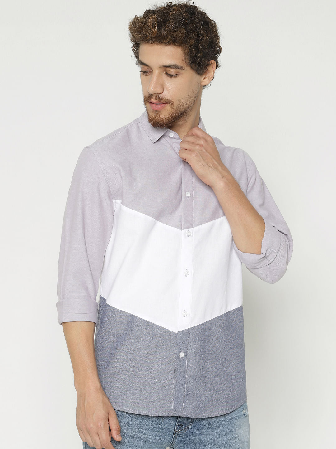 White Colour Blocked Slim Fit Full Sleeves Shirt