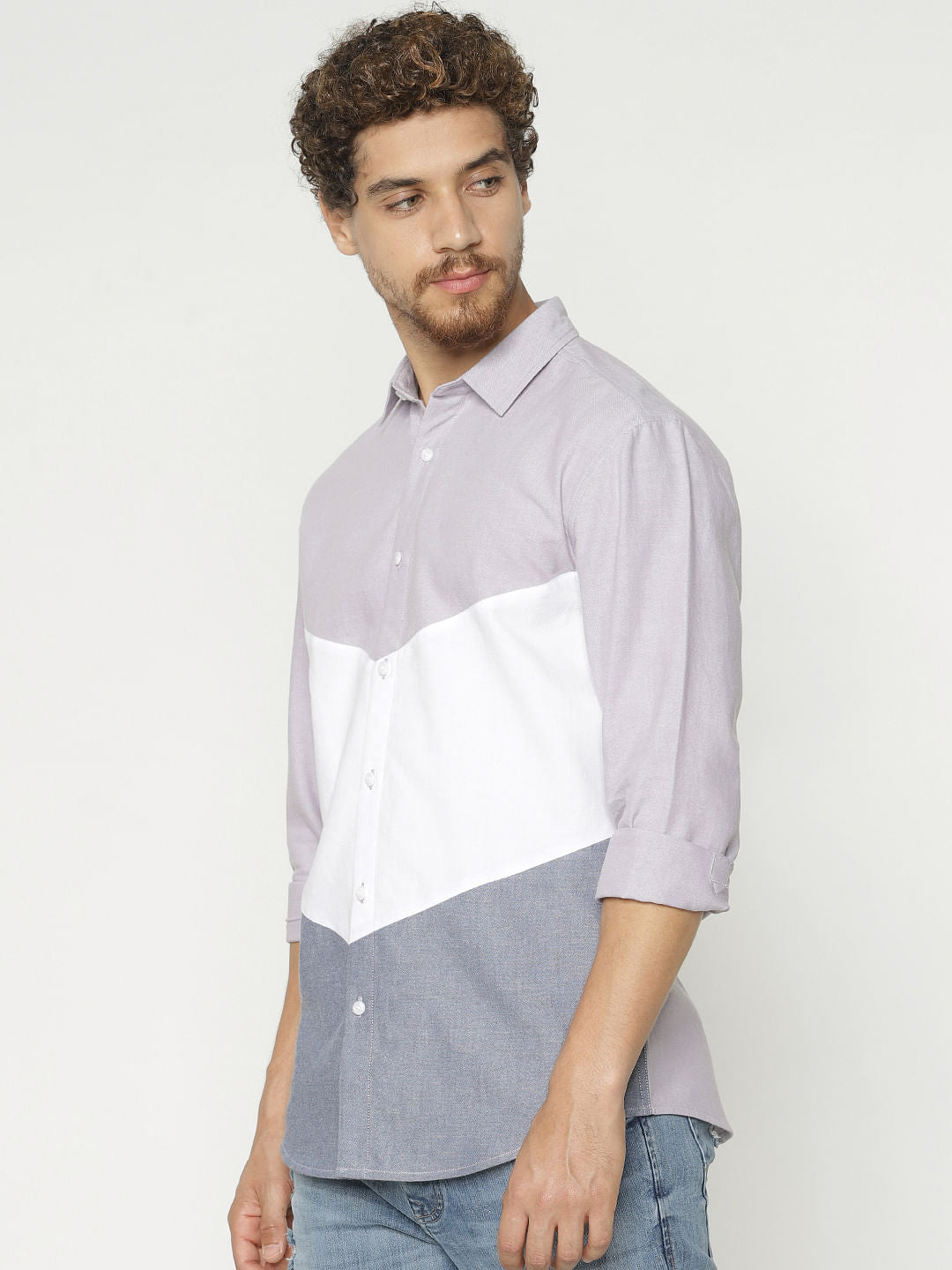 White Colour Blocked Slim Fit Full Sleeves Shirt