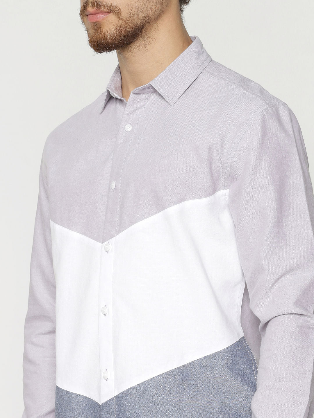 White Colour Blocked Slim Fit Full Sleeves Shirt