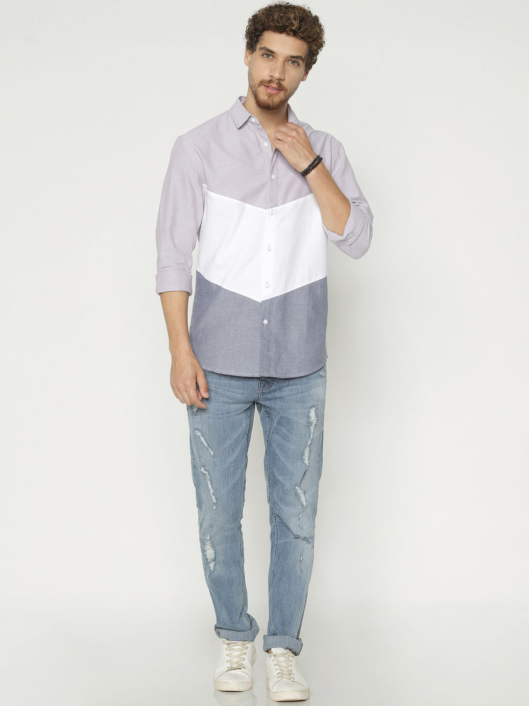 White Colour Blocked Slim Fit Full Sleeves Shirt
