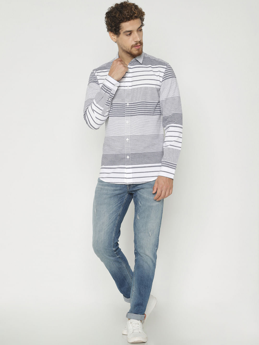 White Striped Slim Fit Full Sleeves Shirt