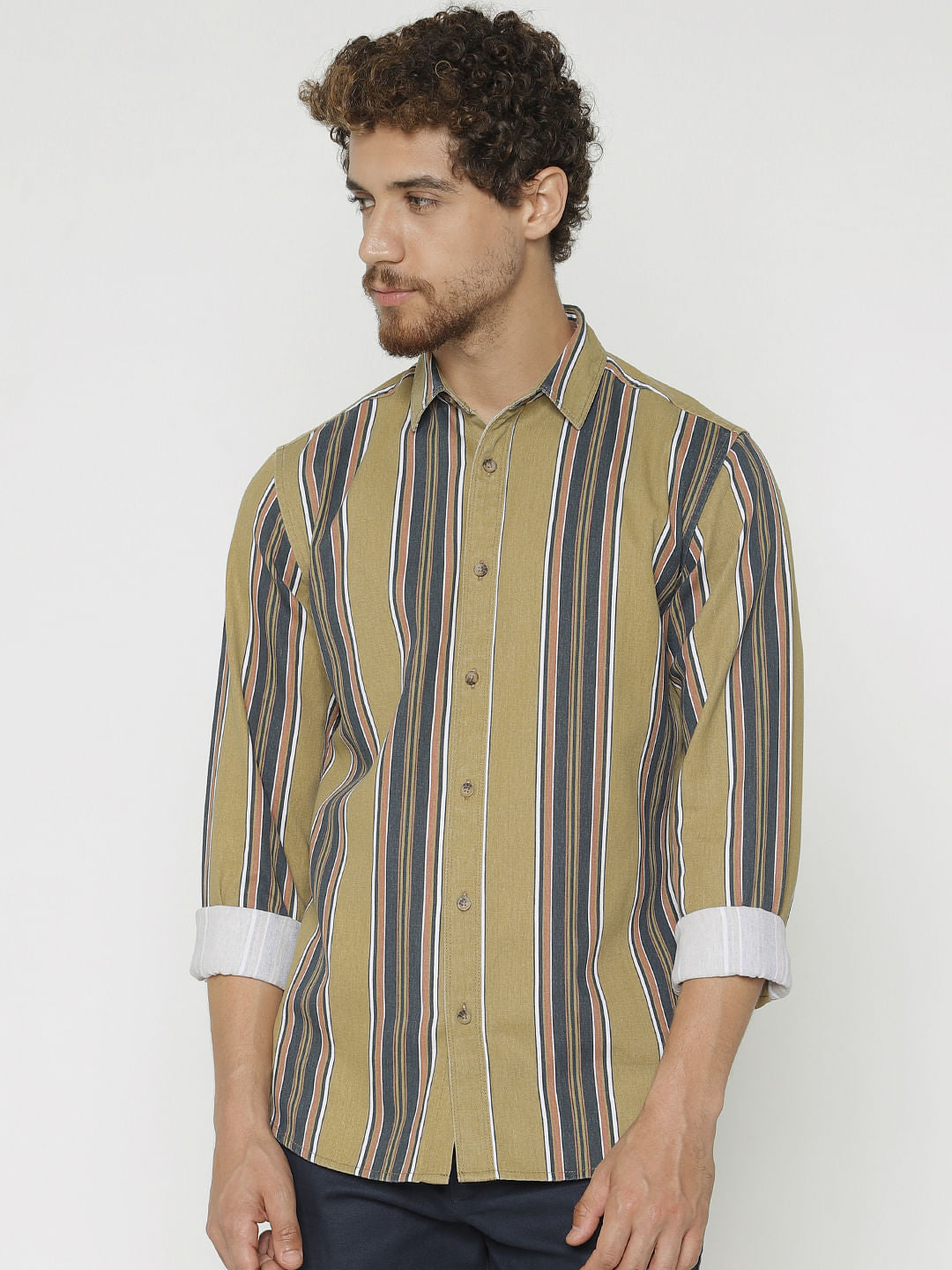 Green Striped Slim Fit Full Sleeves Shirt