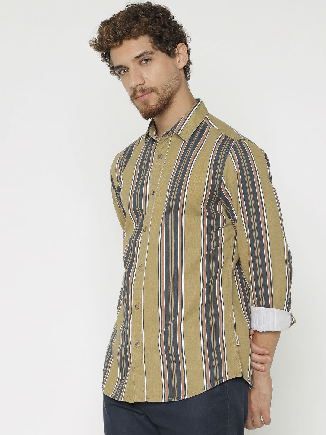 Green Striped Slim Fit Full Sleeves Shirt