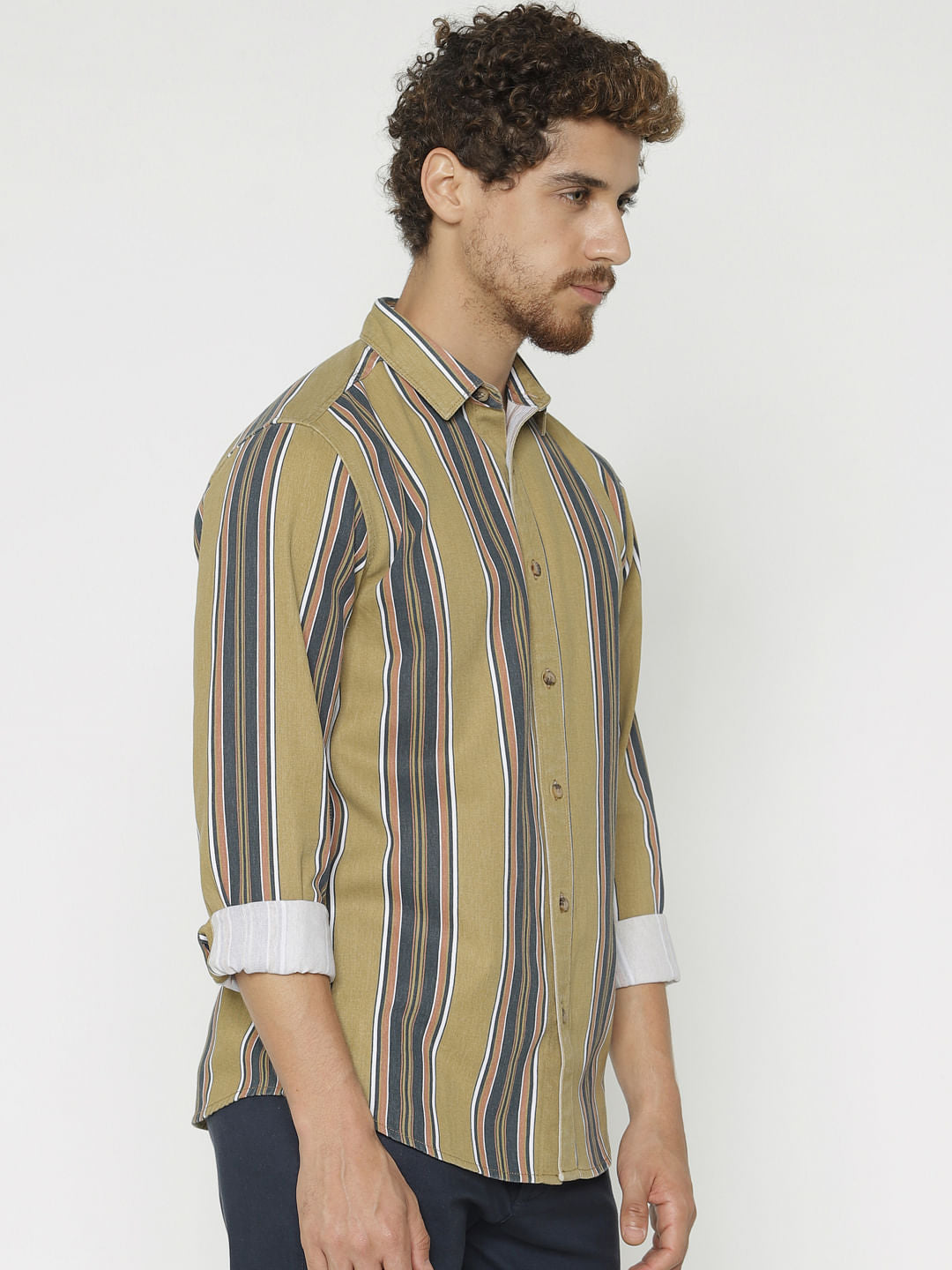Green Striped Slim Fit Full Sleeves Shirt