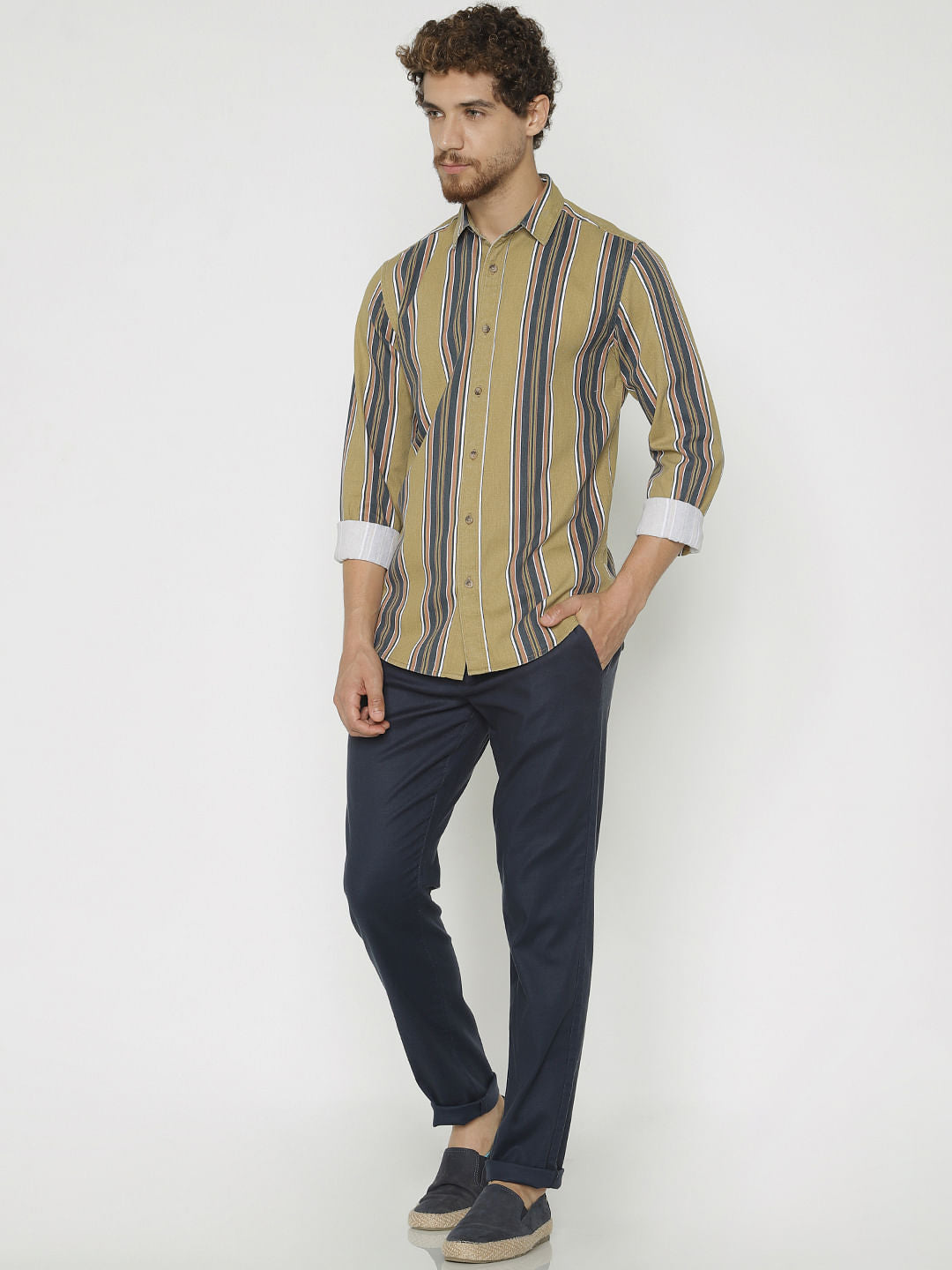 Green Striped Slim Fit Full Sleeves Shirt