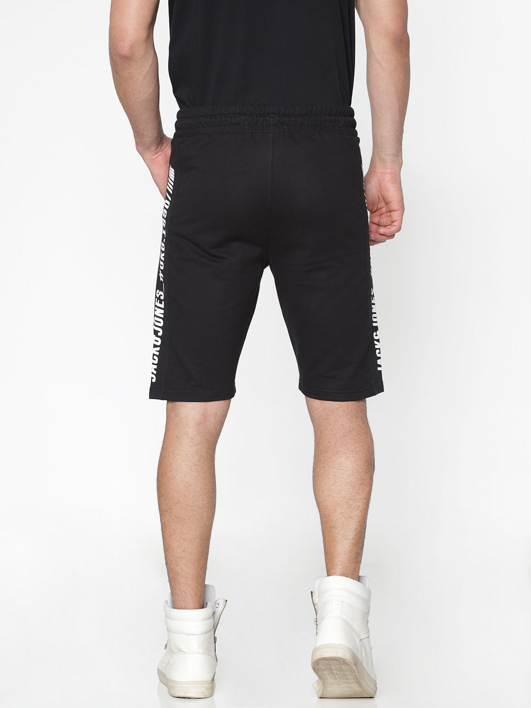 Black Side Text Stripe Print Drawstring Shorts