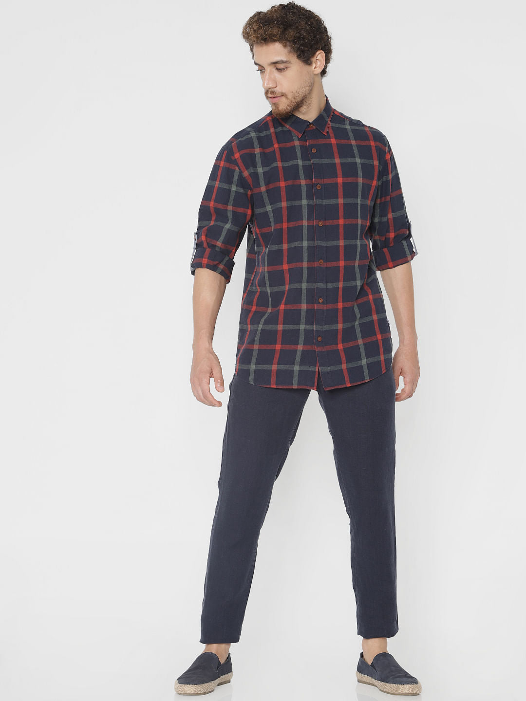 Navy Blue Check Slim Fit Full Sleeves Shirt