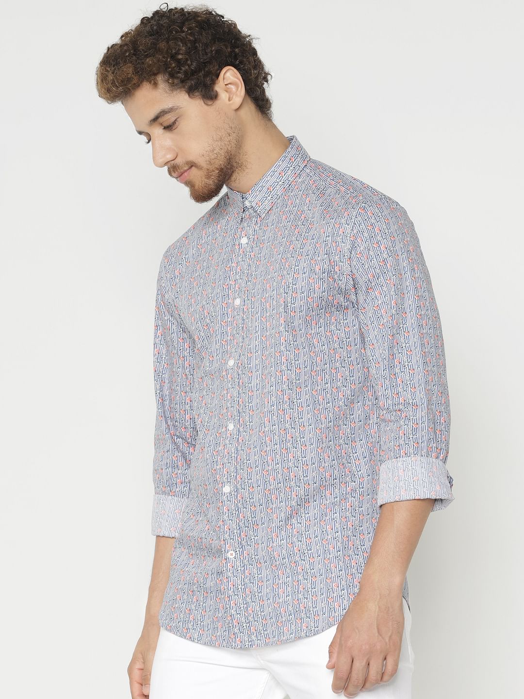 Blue Printed Slim Fit Full Sleeves Shirt