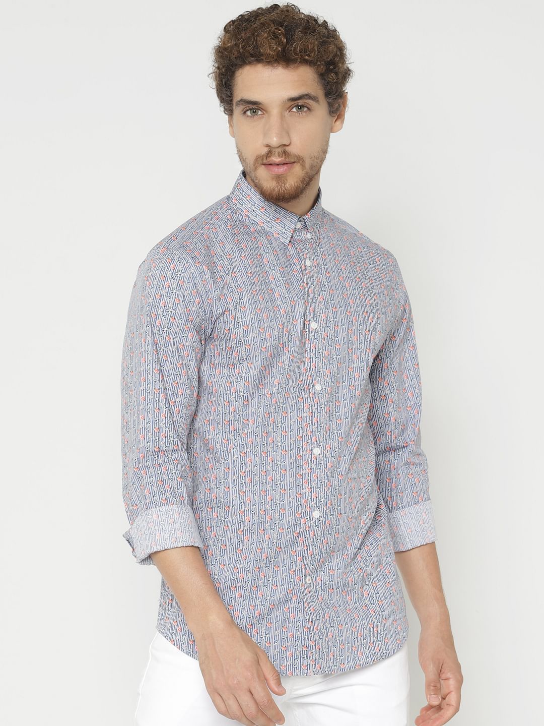 Blue Printed Slim Fit Full Sleeves Shirt