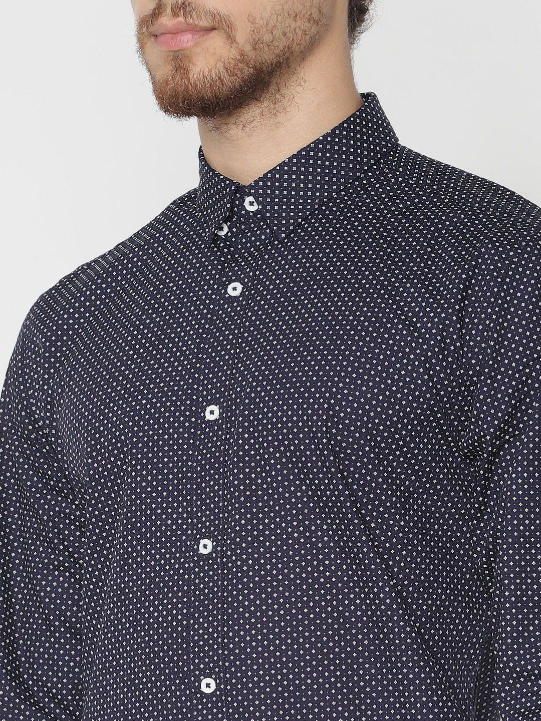 Navy Blue Printed Slim Fit Full Sleeves Shirt