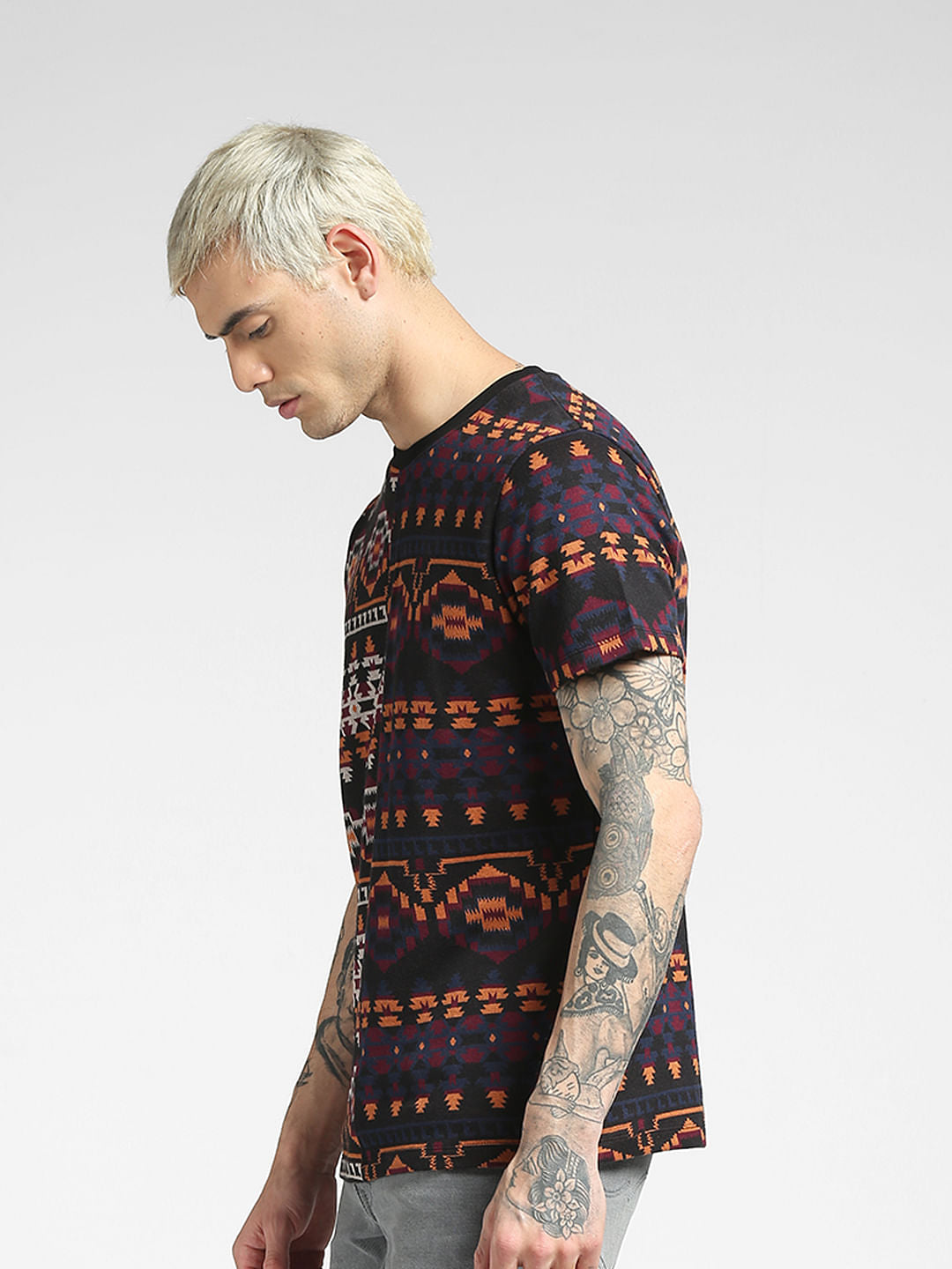 Black Aztec Print Crew Neck T-shirt