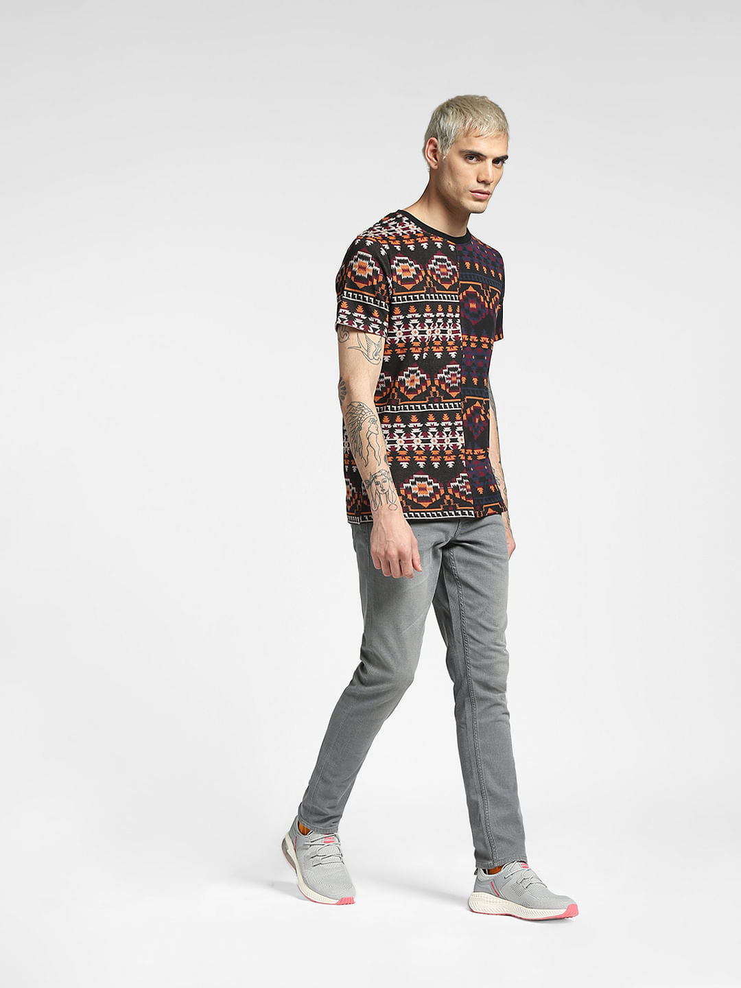 Black Aztec Print Crew Neck T-shirt