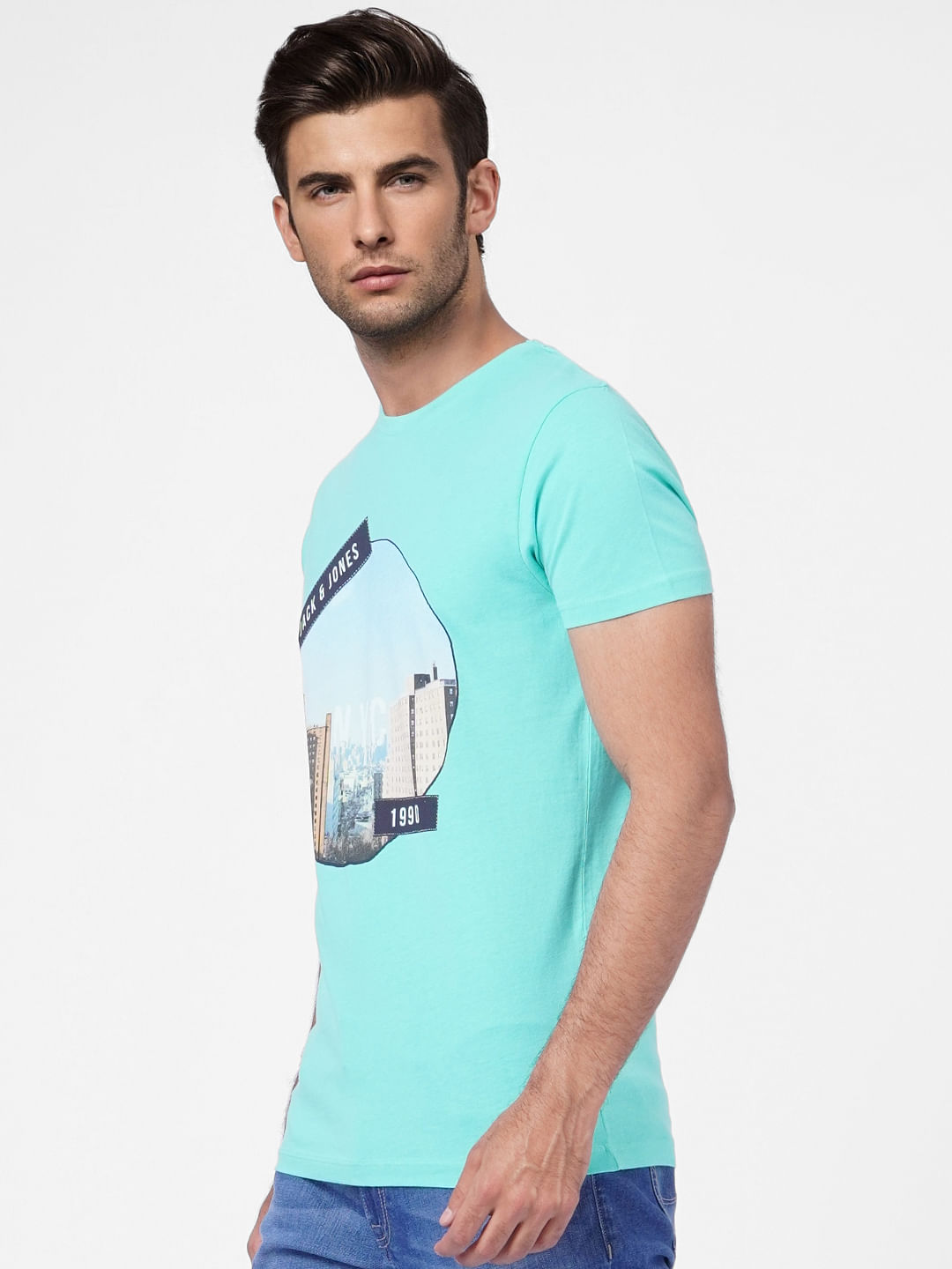 Sky Blue Printed Crew Neck T-shirt
