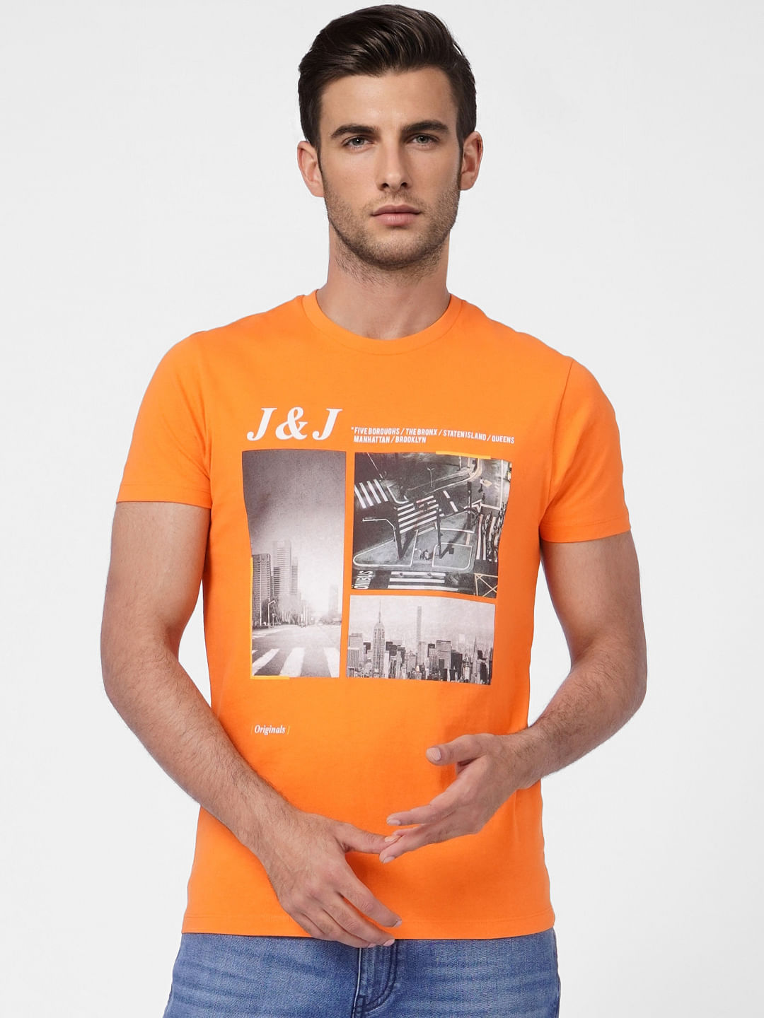 Orange Printed Crew Neck T-shirt