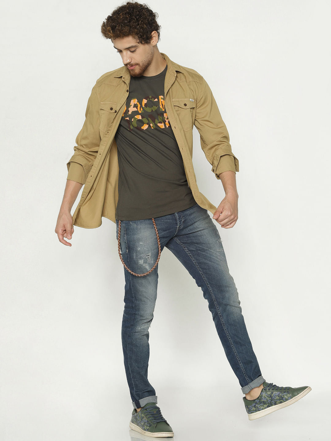 Green Camo Print Crew Neck T-Shirt