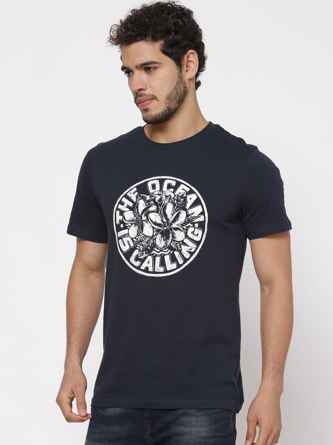Blue Typographic Print Crew Neck T-Shirt